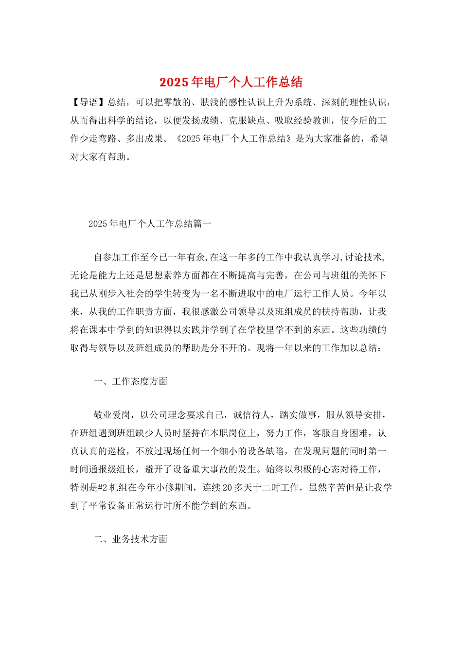2025年电厂个人工作总结_第1页