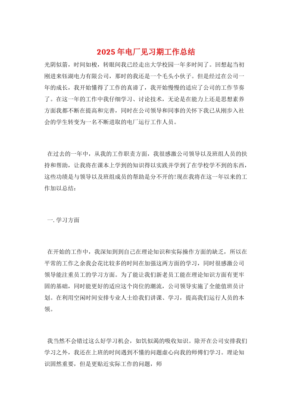 2025年电厂见习期工作总结_第1页