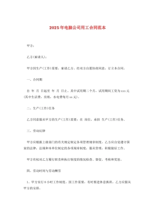 2025年电脑公司用工合同范本