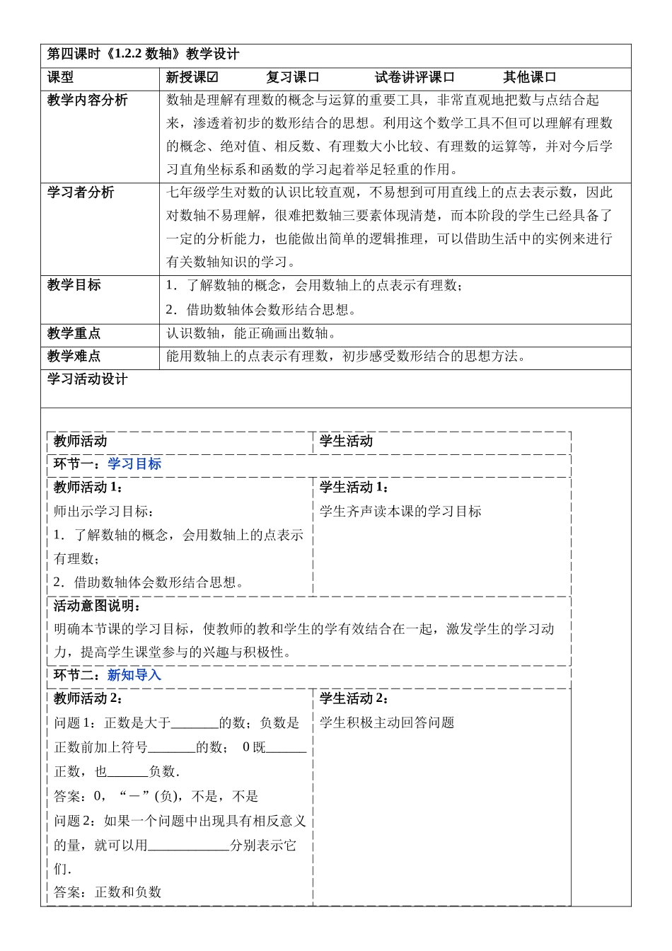  （2025-2026学年）人教版数学七年级上册1.2.2 数轴-教案（练习附答案）_第1页