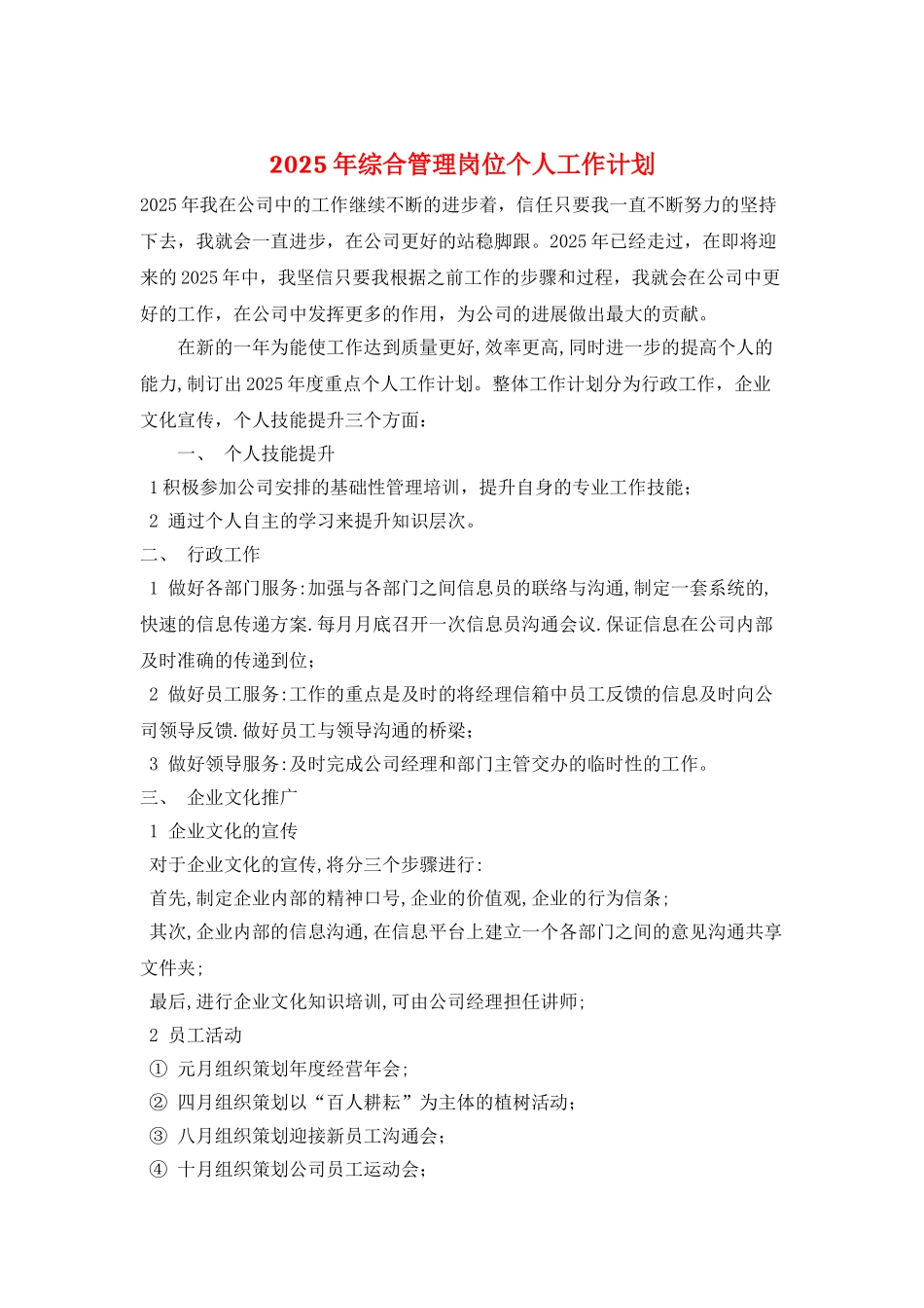2025年综合管理岗位个人工作计划-1_第1页