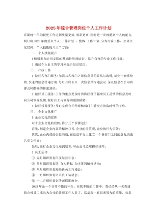 2025年综合管理岗位个人工作计划