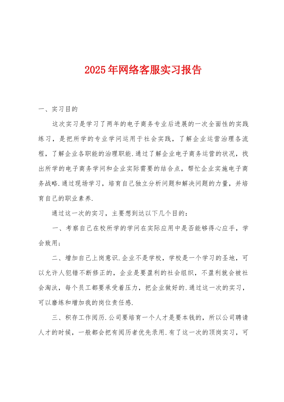 2025年网络客服实习报告_第1页