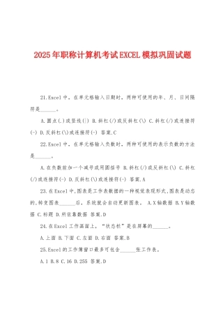 2025年职称计算机考试EXCEL模拟巩固试题