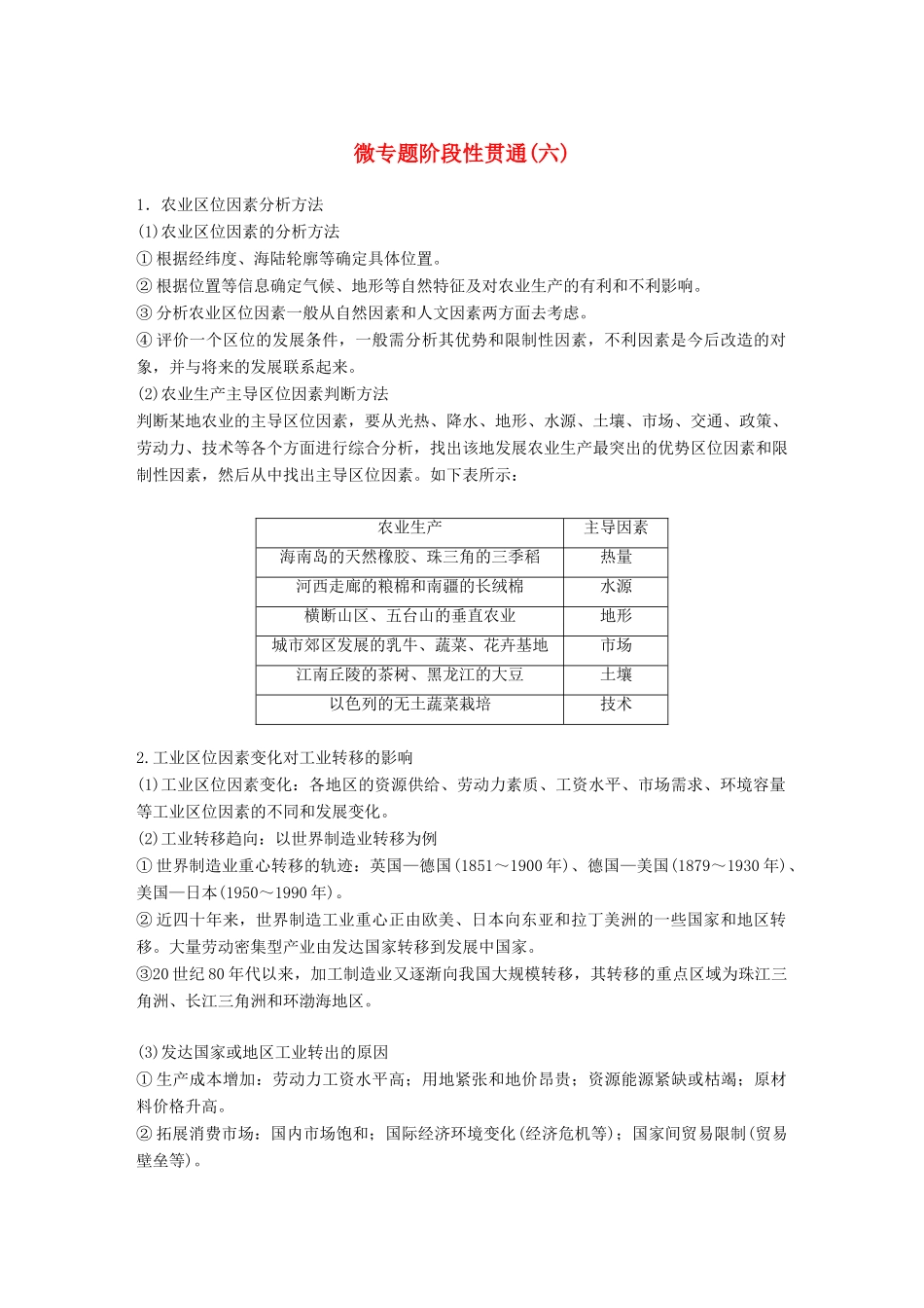 （浙江选考）高考地理大二轮复习 专题六 区域产业活动 微专题阶段性贯通学案-人教版高三全册地理学案_第1页
