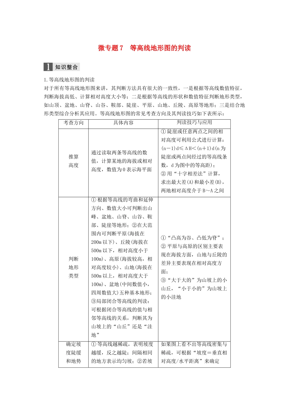 （浙江选考）高考地理二轮优选习题 专题二 地球表面的形态 微专题7 等高线地形图的判读学案-人教版高三全册地理学案_第1页