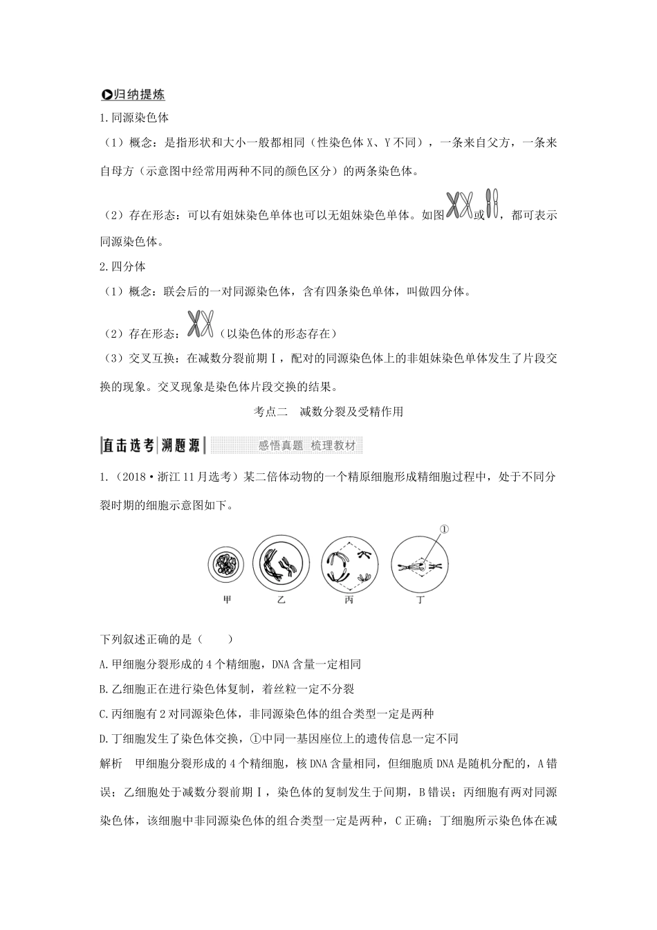（浙江选考）高考生物一轮复习 第9讲 减数分裂中的染色体行为学案-人教版高三全册生物学案_第3页