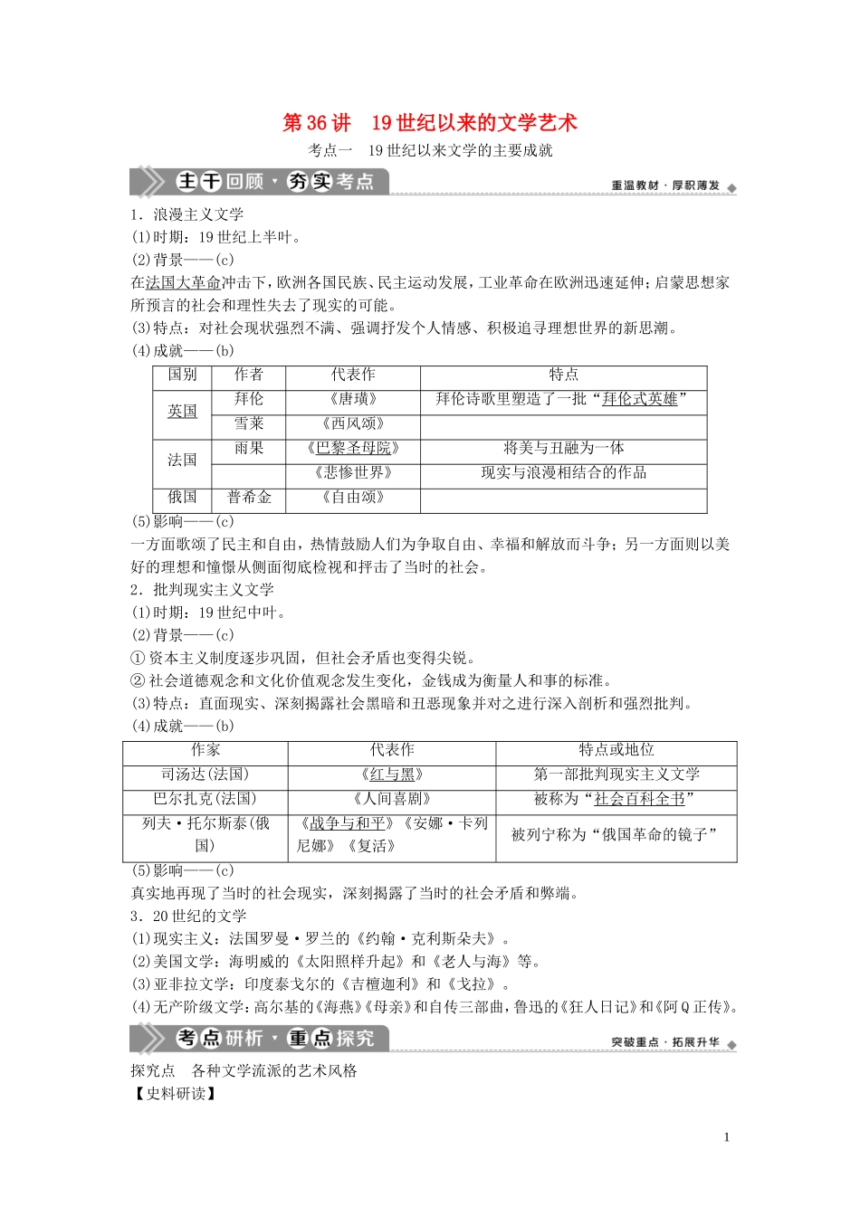 （浙江选考）新高考历史一轮复习 专题十七 近现代科学技术和19世纪以来的世界文学艺术 第36讲 19世纪以来的文学艺术教学案 人民版-人民版高三全册历史教学案_第1页
