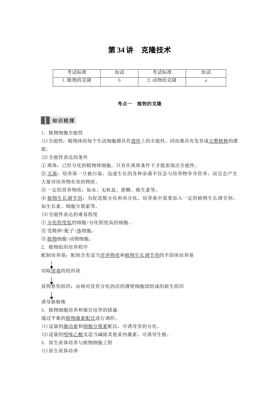 （浙江选考）高考生物一轮总复习 第十单元 现代生物科技专题 第34讲 克隆技术学案-人教版高三全册生物学案_第1页