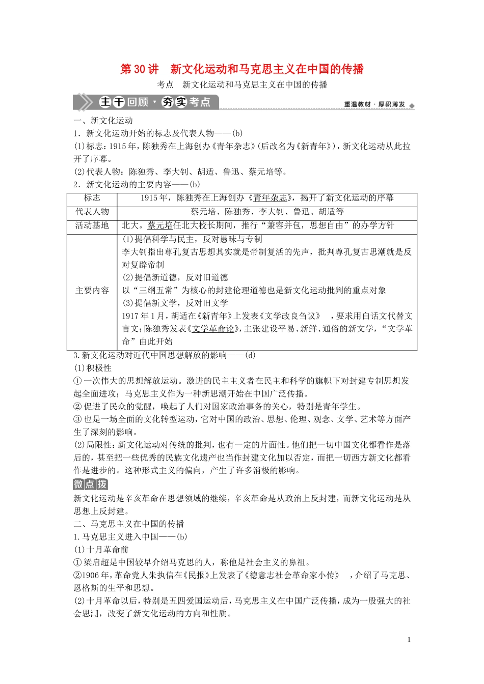 （浙江选考）新高考历史一轮复习 专题十四 近代中国思想解放的潮流 第30讲 新文化运动和马克思主义在中国的传播教学案 人民版-人民版高三全册历史教学案_第1页