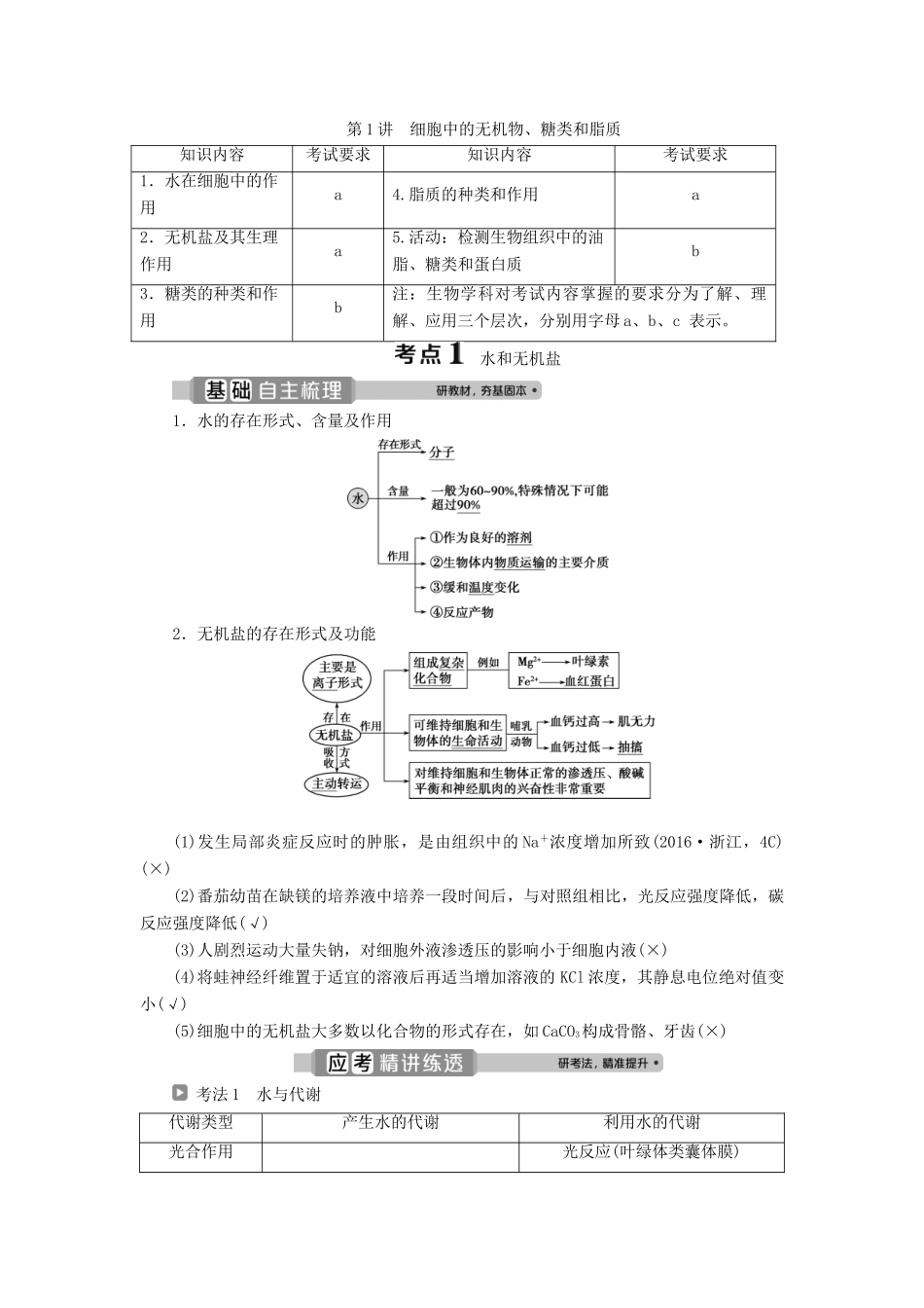 （浙江选考）新高考生物一轮复习 专题1 细胞的分子组成 第1讲 细胞中的无机物、糖类和脂质教学案 新人教版-新人教版高三全册生物教学案_第1页