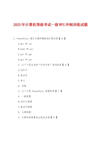 2025年计算机等级考试一级WPS冲刺训练试题
