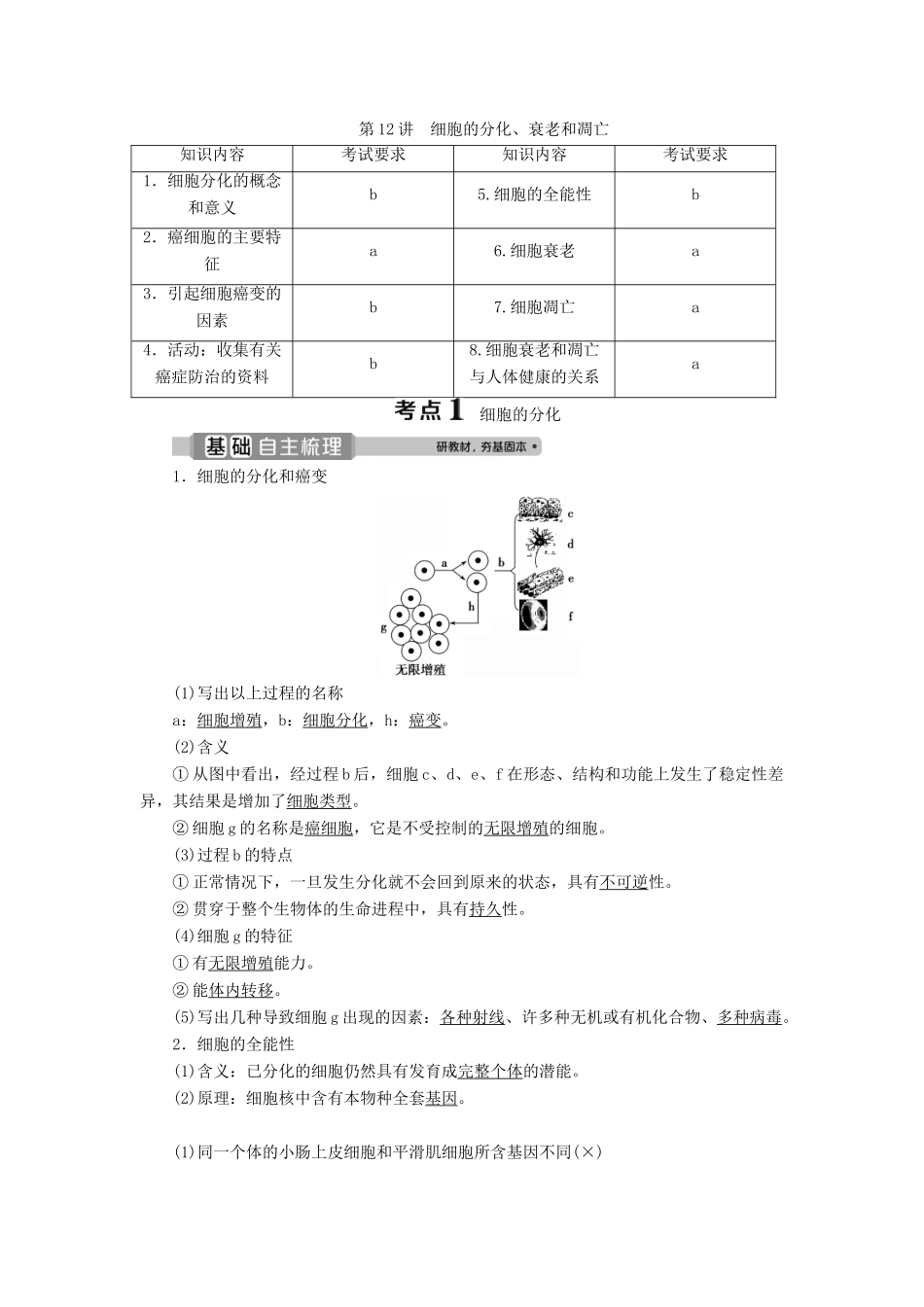 （浙江选考）新高考生物一轮复习 专题4 细胞的增殖（含减数分裂中的染色体行为）和分化 第12讲 细胞的分化、衰老和凋亡教学案 新人教版-新人教版高三全册生物教学案_第1页