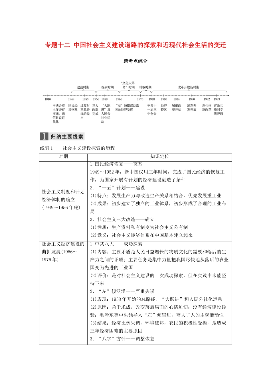 （浙江选考）高考历史一轮总复习 专题十二 中国社会主义建设道路的探索和近现代社会生活的变迁跨考点综合学案-人教版高三全册历史学案_第1页