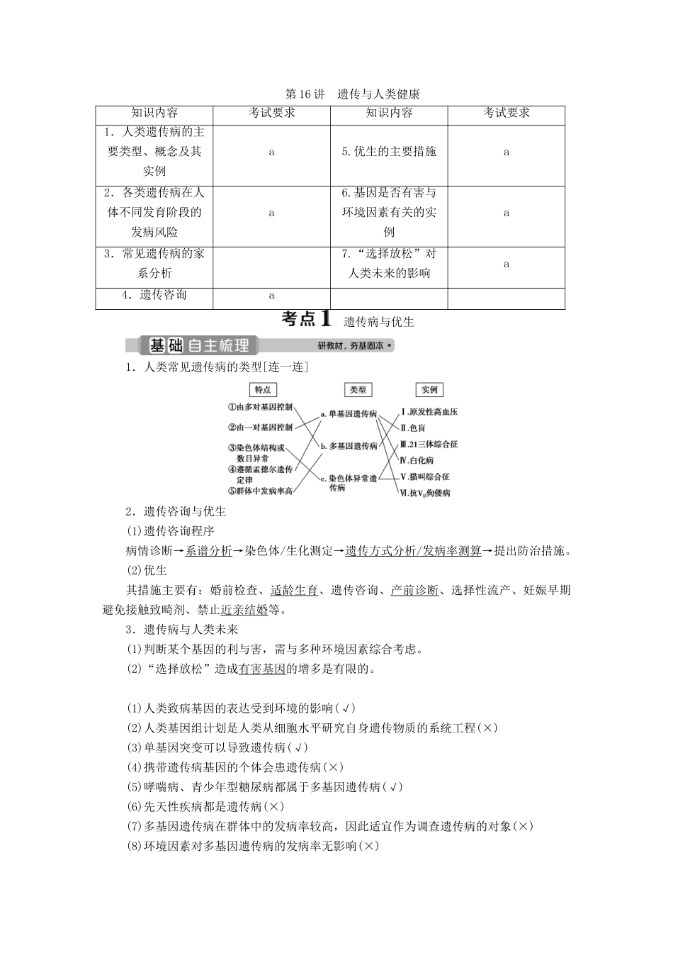 （浙江选考）新高考生物一轮复习 专题5 孟德尔定律 第16讲 遗传与人类健康教学案 新人教版-新人教版高三全册生物教学案_第1页