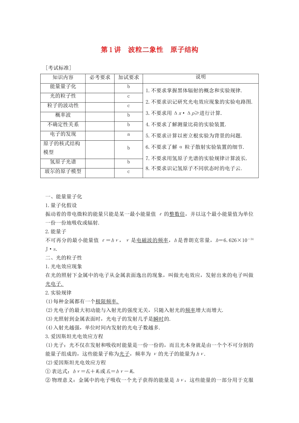 （浙江选考）高考物理大一轮复习 第十三章 波粒二象性 原子结构 原子核 第1讲 波粒二象性 原子结构学案-人教版高三全册物理学案_第1页