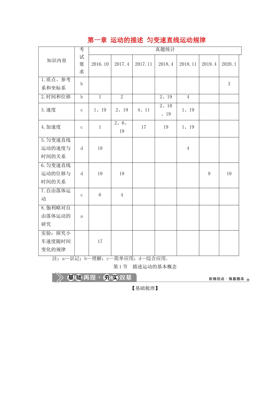 （浙江选考）新高考物理一轮复习 1 第一章 运动的描述 匀变速直线运动规律 1 第1节 描述运动的基本概念教学案-人教版高三全册物理教学案_第1页