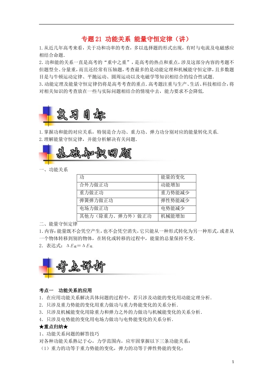 （讲练测）高考物理一轮复习 专题21 功能关系 能量守恒定律（讲）（含解析）-人教版高三全册物理学案_第1页