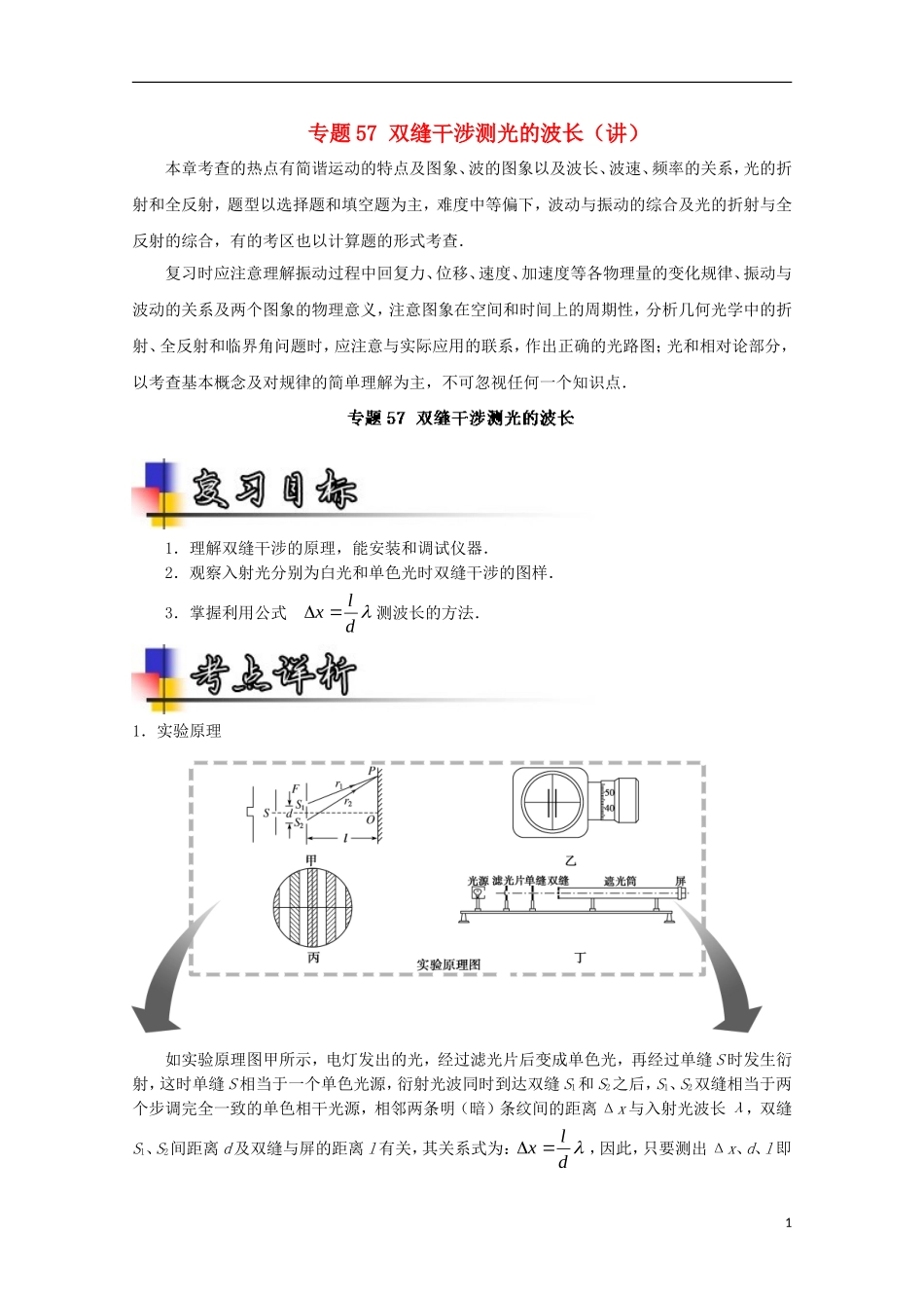 （讲练测）高考物理一轮复习 专题57 双缝干涉测光的波长（讲）（含解析）-人教版高三全册物理学案_第1页