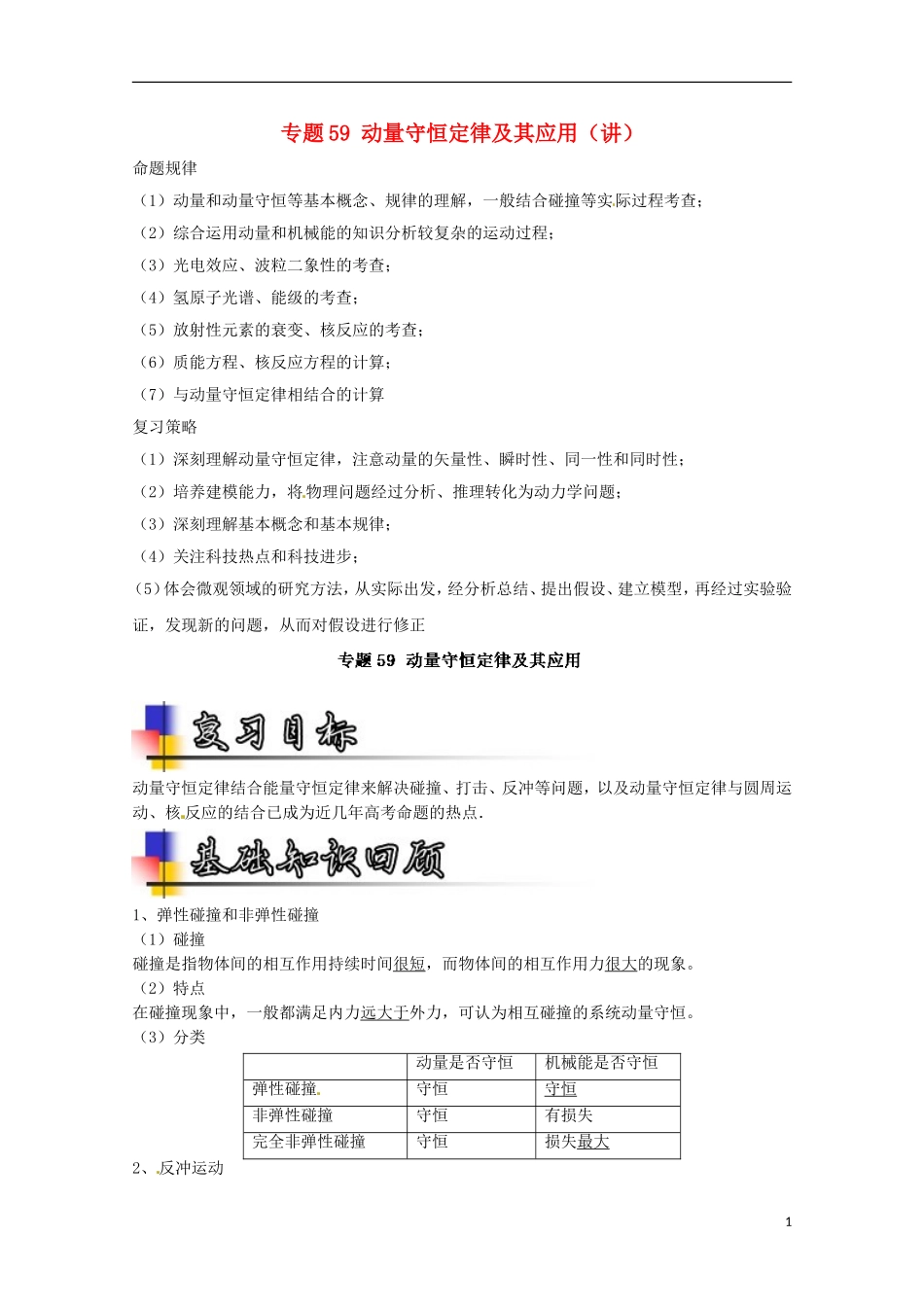 （讲练测）高考物理一轮复习 专题59 动量守恒定律及其应用（讲）（含解析）-人教版高三全册物理学案_第1页