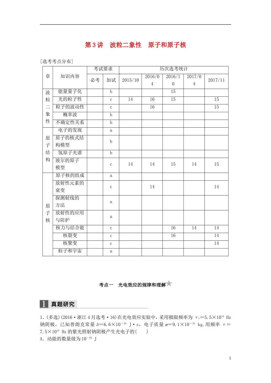 （浙江选考）高考物理二轮复习 专题五 加试选择题题型强化（多选题型）第3讲 波粒二象性 原子和原子核学案-人教版高三全册物理学案_第1页
