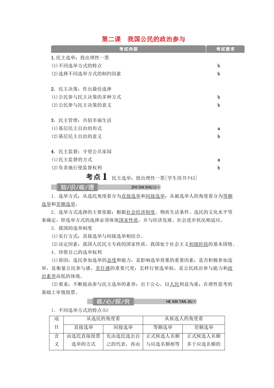 （浙江选考）新高考政治一轮复习 第一单元 公民的政治生活 2 第二课 我国公民的政治参与教学案（必修2）-人教版高三必修2政治教学案_第1页