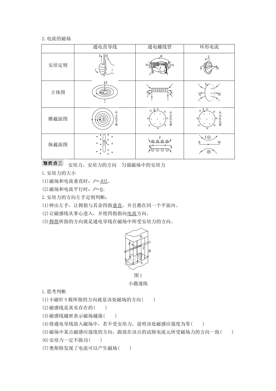 （浙江选考）高考物理一轮复习 第8章 磁场 第1讲 磁场的描述 磁场对电流的作用学案-人教版高三全册物理学案_第2页