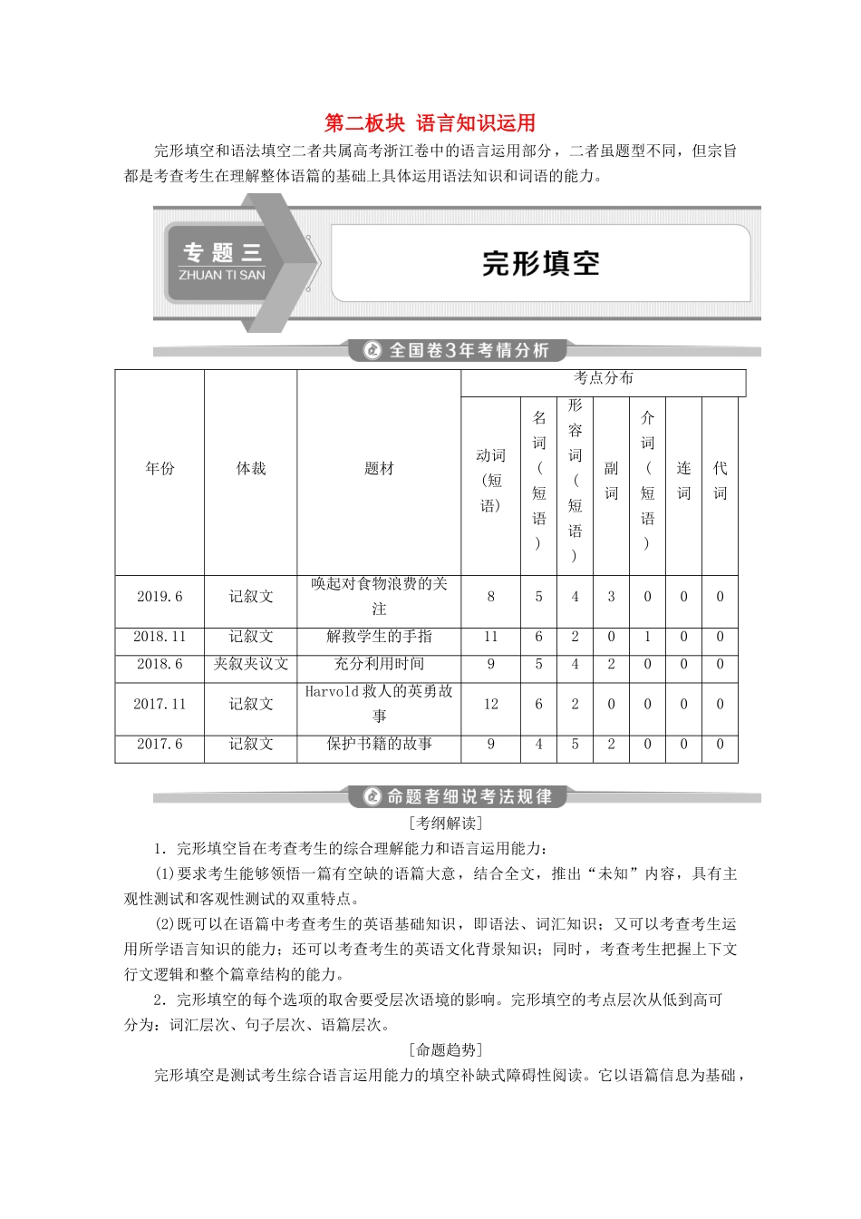 （浙江专用）高考英语二轮复习 专题三 完形填空 第一讲 词汇篇教案-人教版高三全册英语教案_第1页