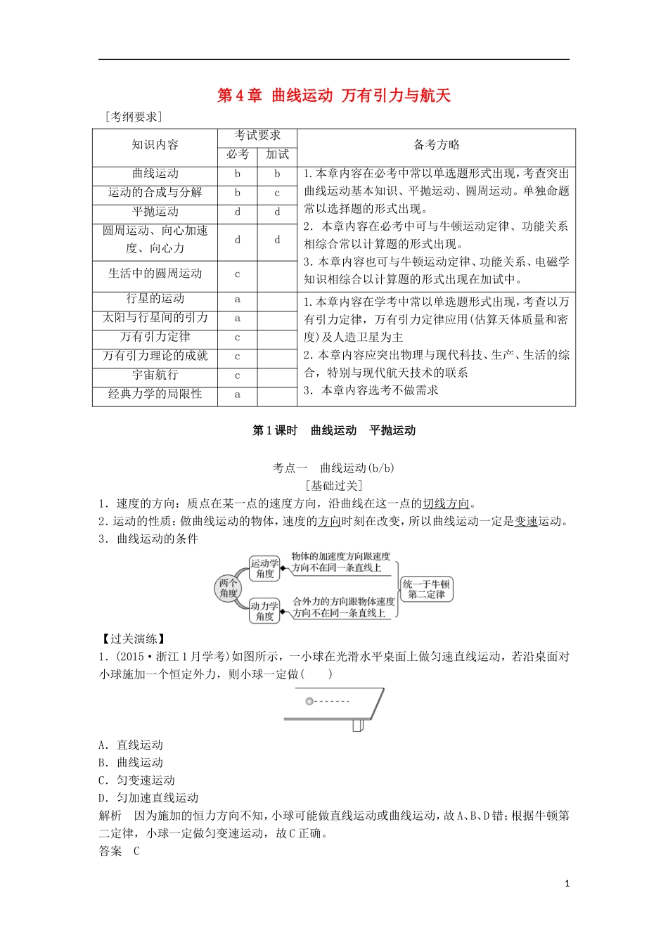 （浙江选考）高考物理总复习 第4章 曲线运动 万有引力与航天教师用书-人教版高三全册物理学案_第1页