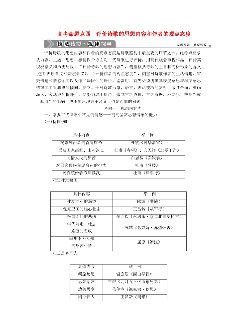 （浙江专用）高考语文一轮复习 第2部分 专题二 古代诗歌鉴赏 4 4 高考命题点四 评价诗歌的思想内容和作者的观点态度教学案 苏教版-苏教版高三全册语文教学案_第1页
