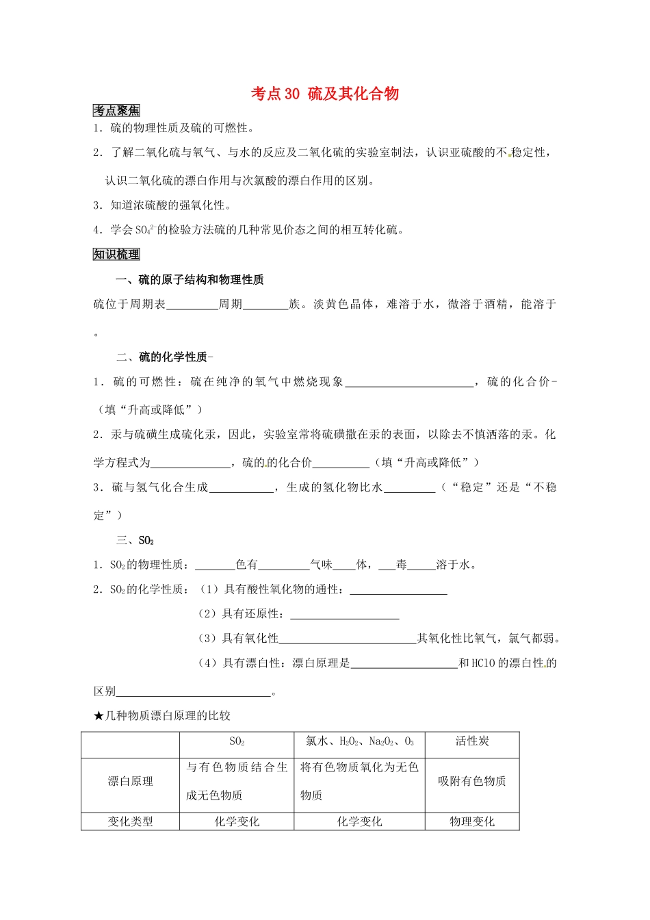 （考前冲刺必备）2013高考化学 不可不知的60大考点 考点30 硫及其化合物_第1页