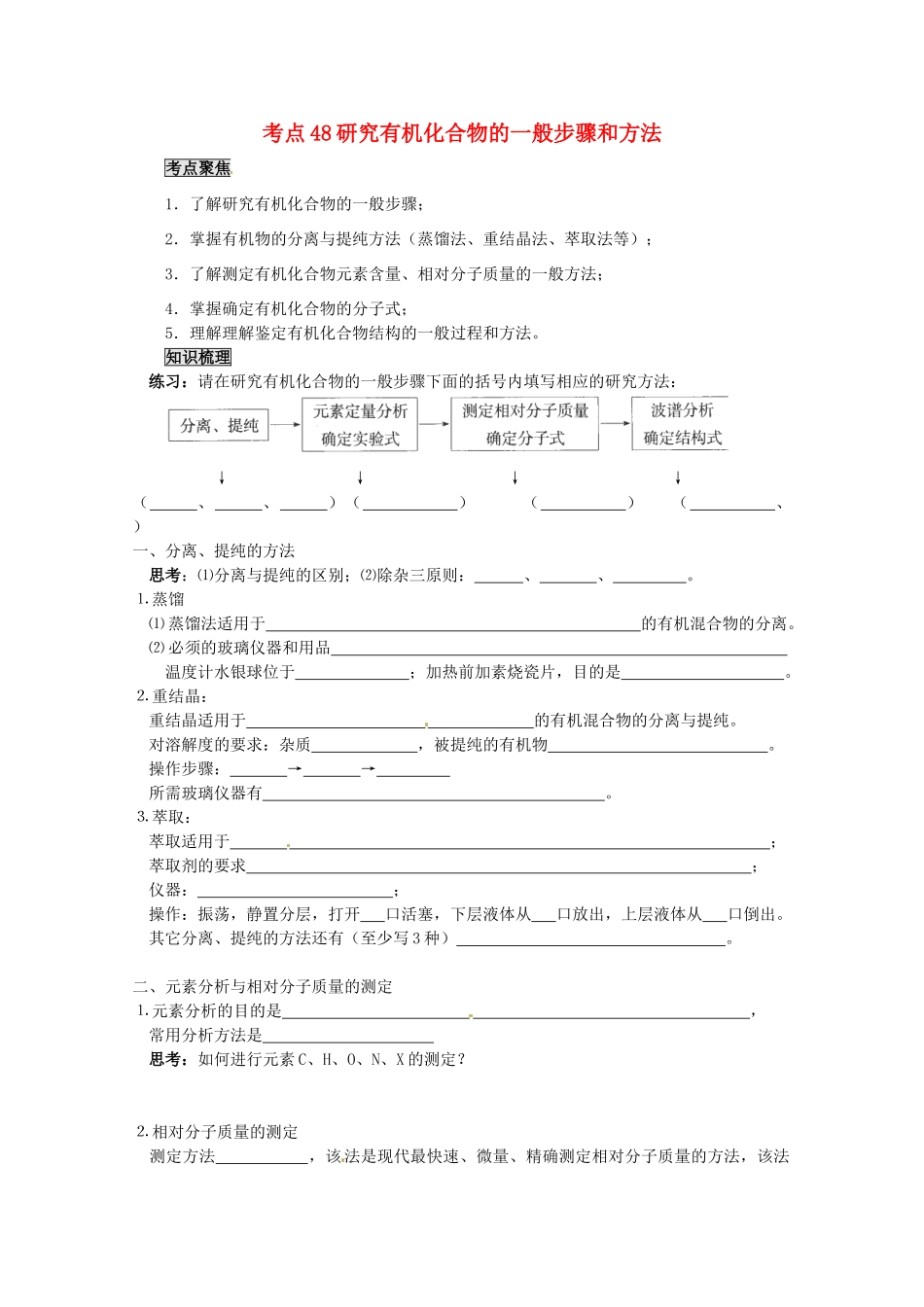 （考前冲刺必备）2013高考化学 不可不知的60大考点 考点48 研究有机化合物的一般步骤和方法_第1页