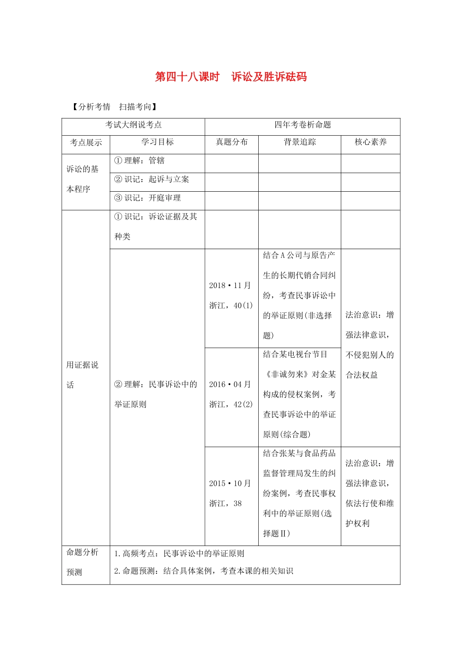 （浙江选考）高考政治一轮复习 生活中的法律常识 专题六 第四十八课时 诉讼及胜诉砝码讲义-人教版高三全册政治学案_第1页