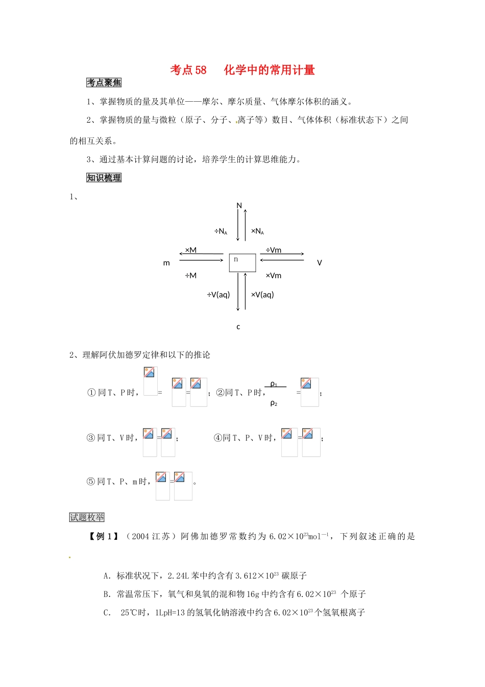 （考前冲刺必备）2013高考化学 不可不知的60大考点 考点58 化学中的常用计量_第1页