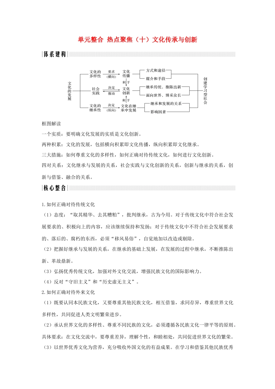 （浙江选考）高考政治一轮复习 文化生活 单元整合 热点聚焦（十）文化传承与创新讲义-人教版高三全册政治学案_第1页