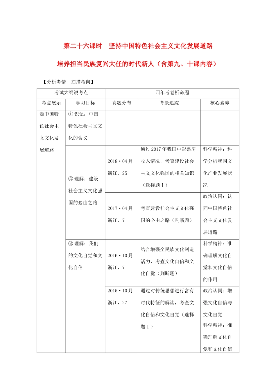 （浙江选考）高考政治一轮复习 文化生活 第四单元 发展中国特色社会主义文化 第二十六课时 坚持中国特色社会主义文化发展道路讲义-人教版高三全册政治学案_第1页