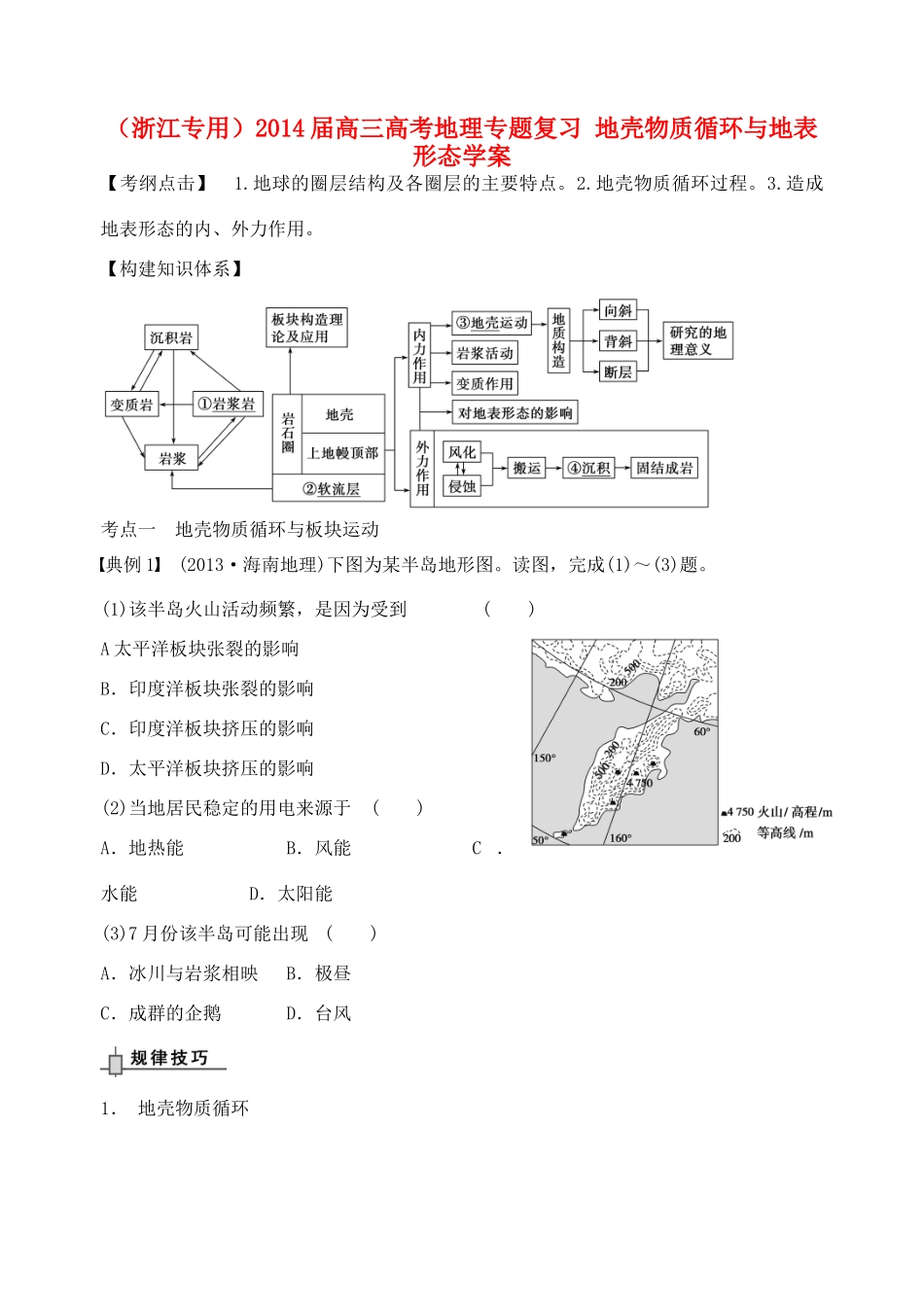 （浙江专用）2014届高考地理专题复习 地壳物质循环与地表形态学案_第1页