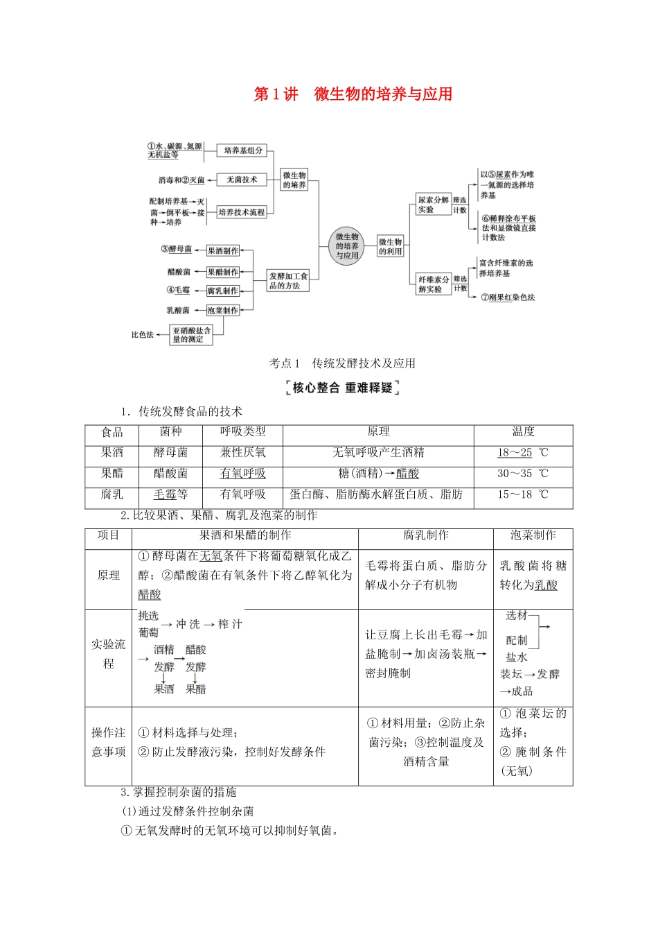 （统考版）2021高考生物二轮复习 第1部分 专题素能提升 专题7 第1讲 微生物的培养与应用学案-人教版高三全册生物学案_第1页