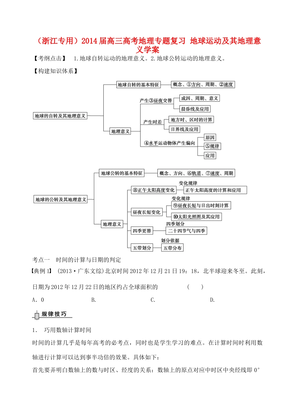 （浙江专用）2014届高考地理专题复习 地球运动及其地理意义学案_第1页