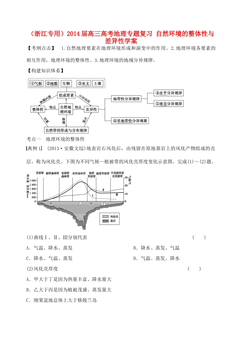 （浙江专用）2014届高考地理专题复习 自然环境的整体性与差异性学案_第1页