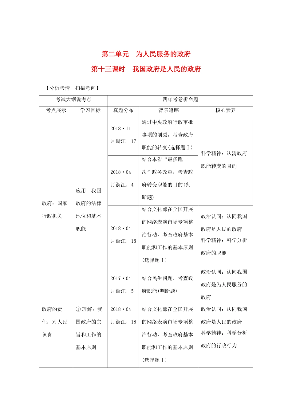 （浙江选考）高考政治一轮复习 政治生活 第二单元 为会民服务的政府 第十三课时 我国政府是人民的政府讲义-人教版高三全册政治学案_第1页