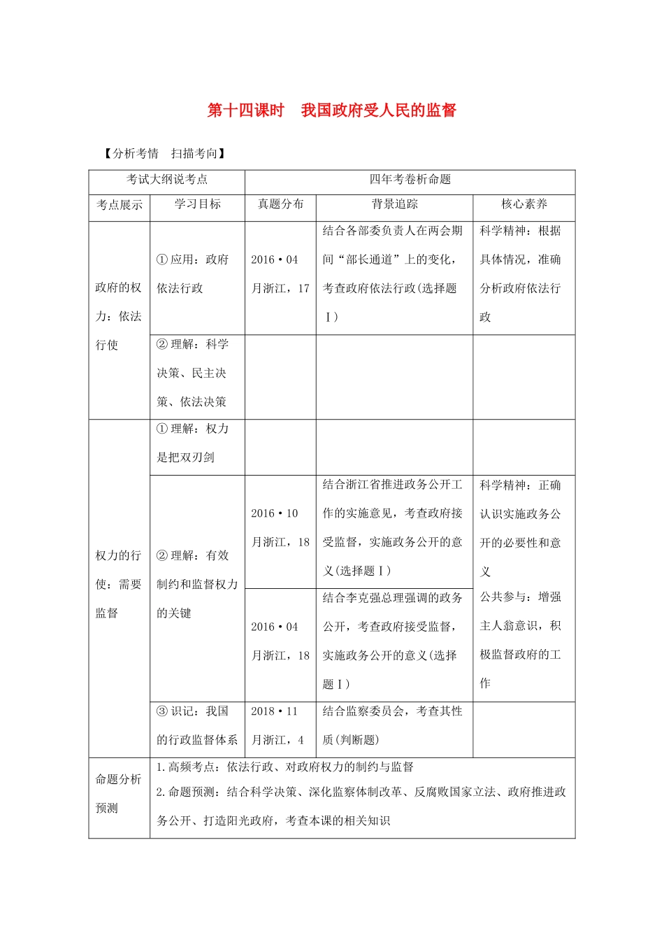 （浙江选考）高考政治一轮复习 政治生活 第二单元 为会民服务的政府 第十四课时 我国政府受人民的监督讲义-人教版高三全册政治学案_第1页