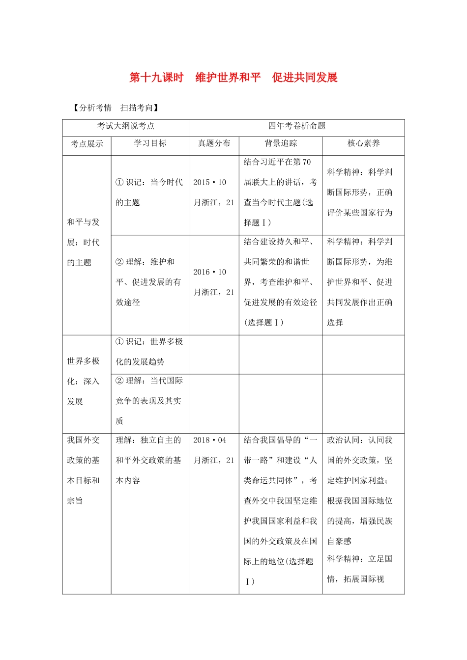 （浙江选考）高考政治一轮复习 政治生活 第四单元 当代国际社会 第十九课时 维护世界和平 促进共同发展讲义-人教版高三全册政治学案_第1页