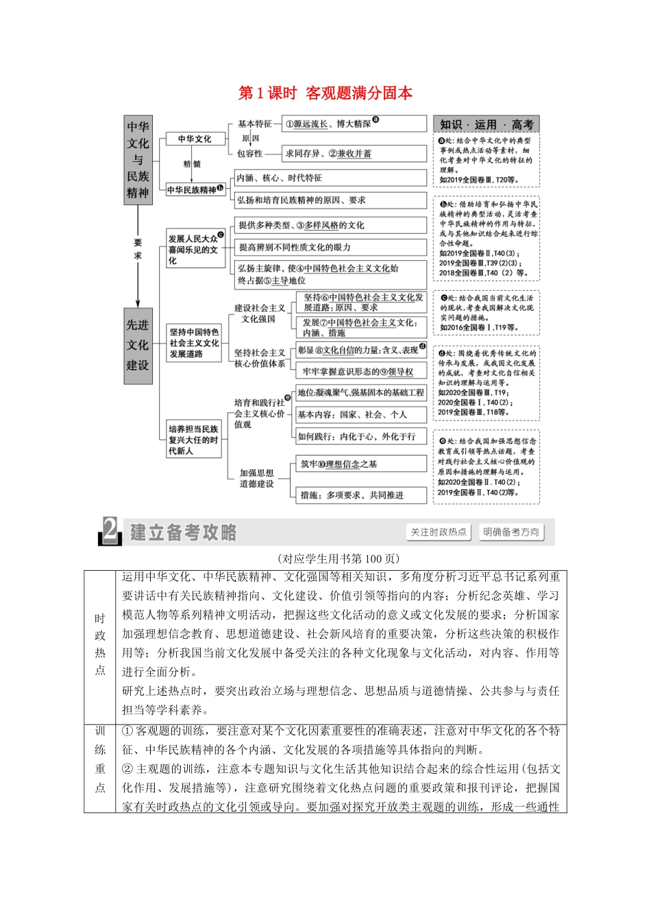 （统考版）2021高考政治二轮复习 第1部分 专题整合突破9 中华文化与文化强国 第1课时 客观题满分固本学案-人教版高三全册政治学案_第1页