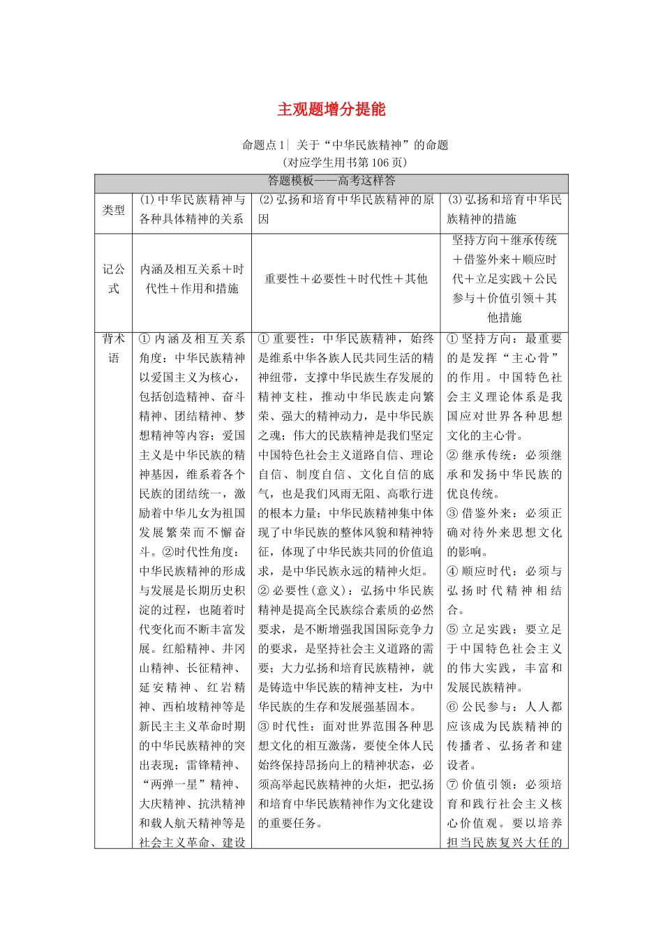 （统考版）2021高考政治二轮复习 第1部分 专题整合突破9 中华文化与文化强国 第2课时 主观题增分提能学案-人教版高三全册政治学案_第1页