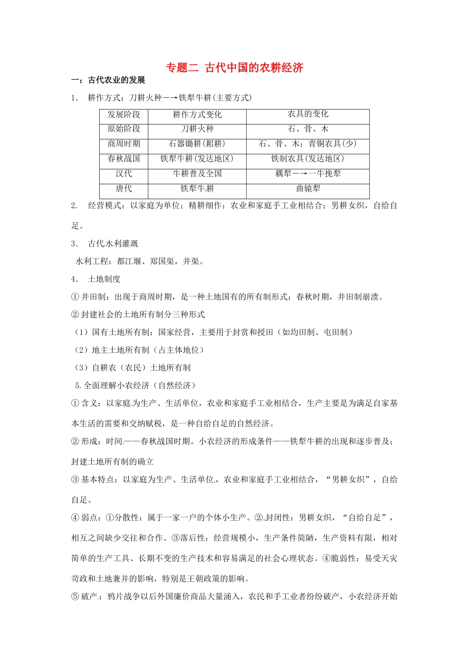 （知识强记）2015届高考历史二轮复习 专题二 古代中国的农耕经济_第1页