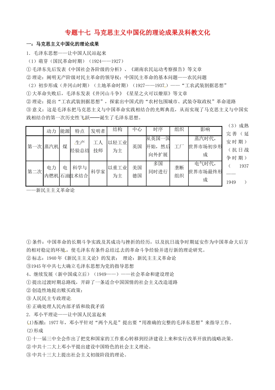 （知识强记）2015届高考历史二轮复习 专题十七 马克思主义中国化的理论成果及科教文化_第1页