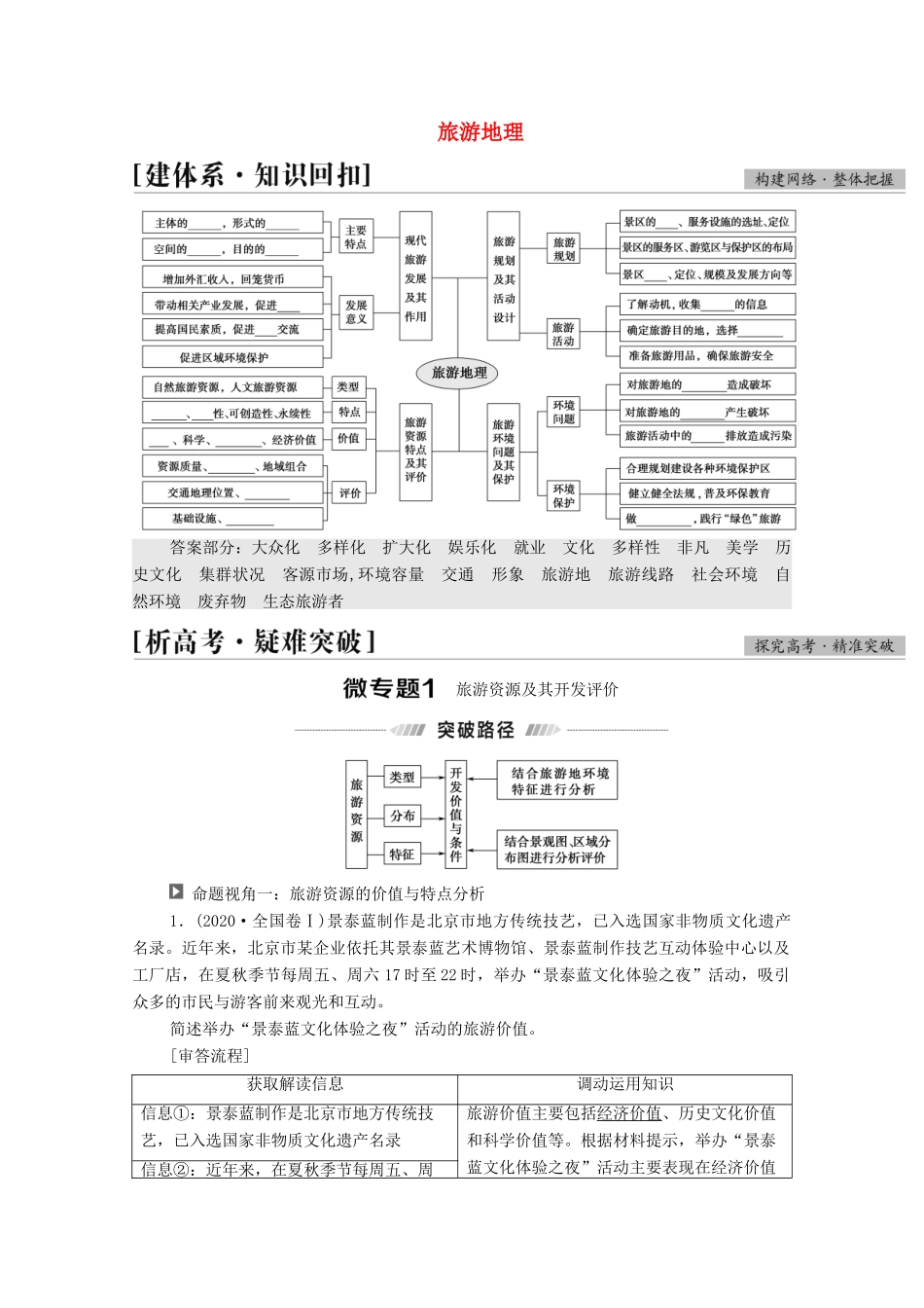 （统考版）高考地理二轮复习 第1部分 专题知识突破10 旅游地理学案-人教版高三全册地理学案_第1页