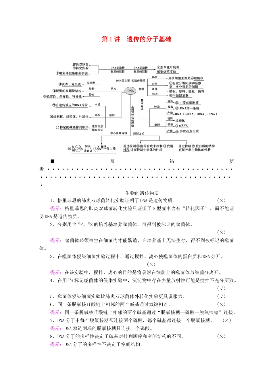 （统考版）高考生物二轮复习 第1部分 专题素能提升 专题3 第1讲 遗传的分子基础学案-人教版高三全册生物学案_第1页