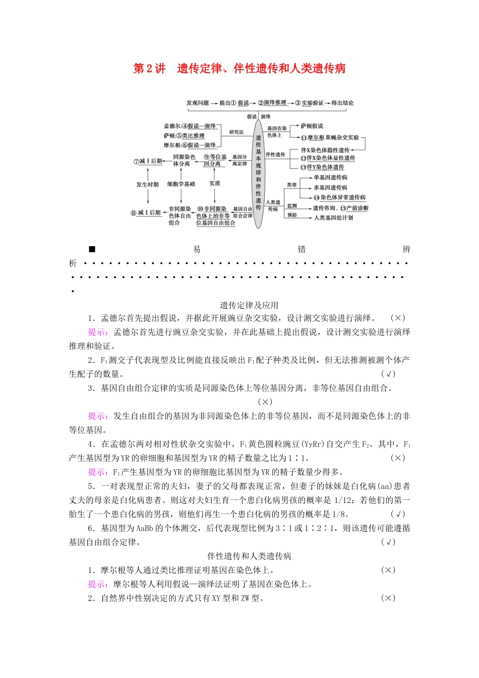（统考版）高考生物二轮复习 第1部分 专题素能提升 专题3 第2讲 遗传定律、伴性遗传和人类遗传病学案-人教版高三全册生物学案_第1页